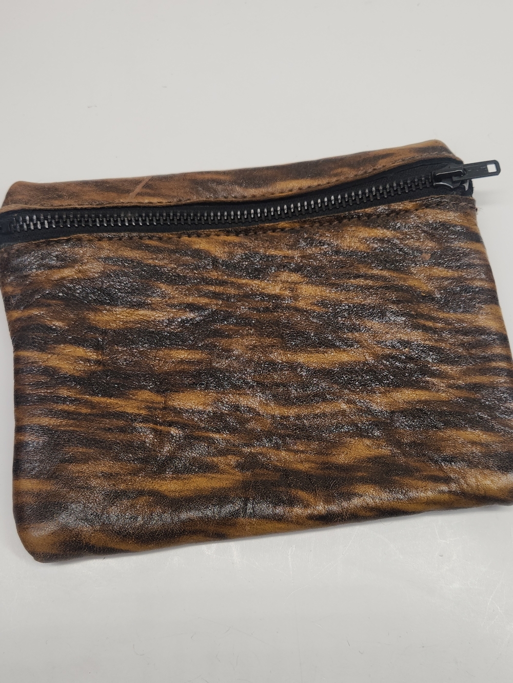 Leather Tiger Stripe Cosmetic Pouch in Brown and Black